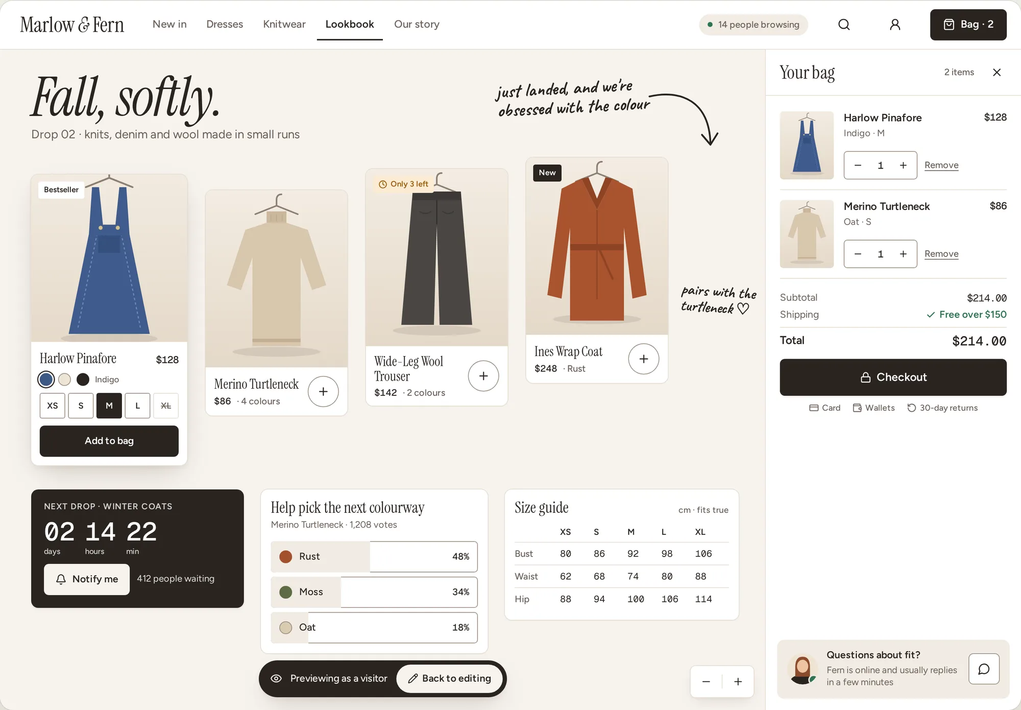 Apparel shop table showing product cards, a shopping bag, a drop countdown, a colourway vote and a size guide